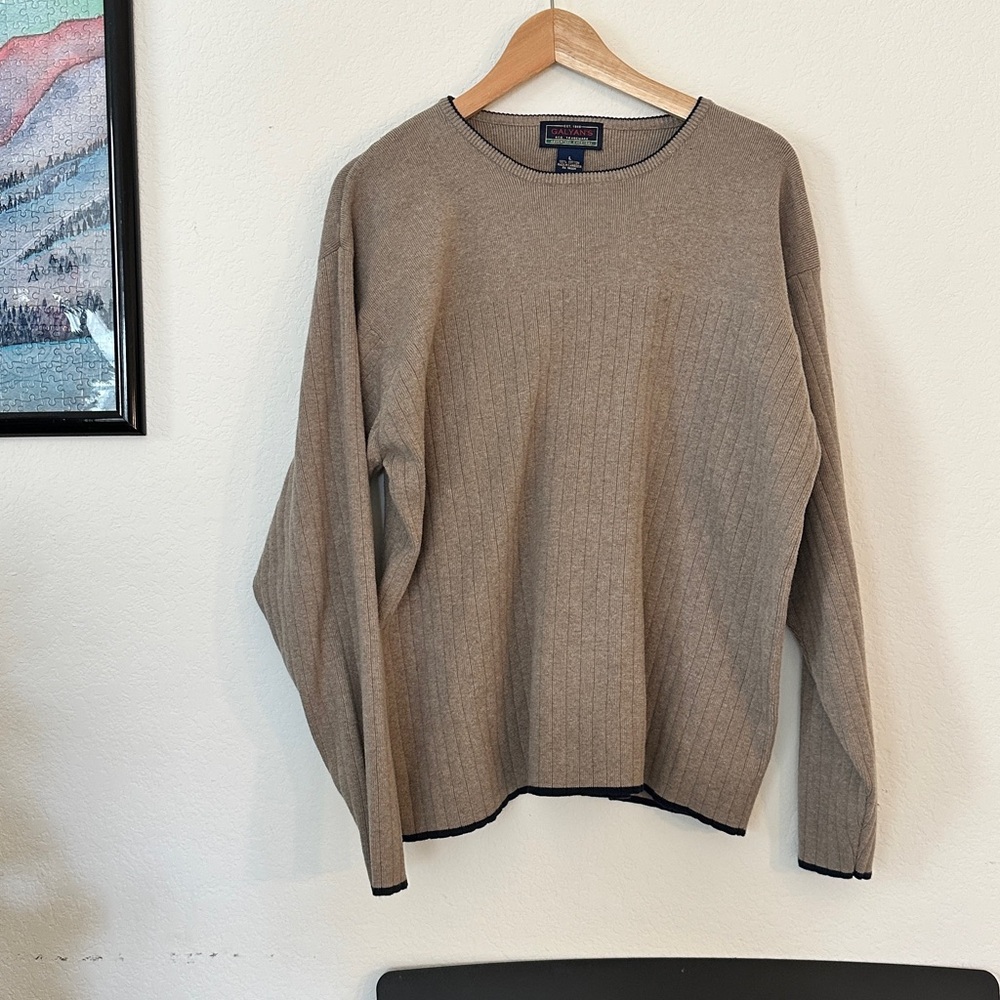 Vintage Galyan’s 100% Cotton Ribbed Crewneck Sweater | Beige Black Trim | Size L